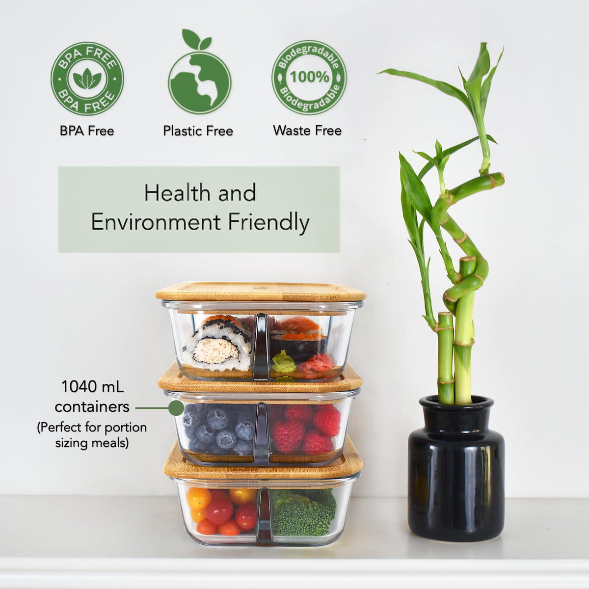 EcoPreps three-pack bento set with divider for organized meals.