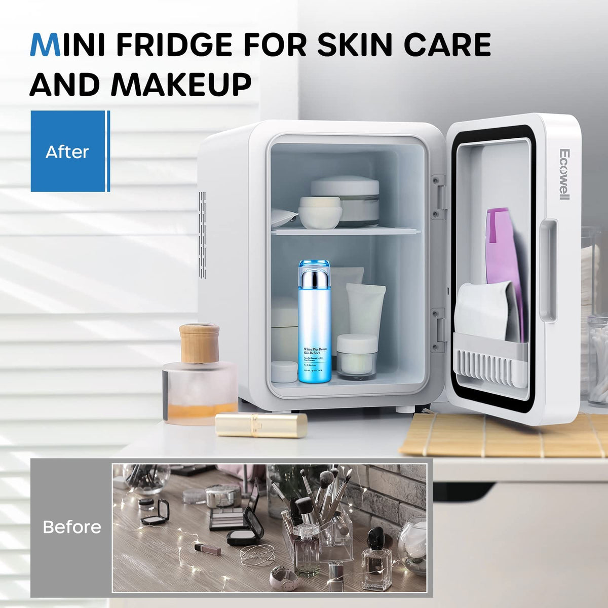 Removable divider and shelf organize skincare and cosmetics in ECOWELL fridge