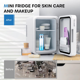 Removable divider and shelf organize skincare and cosmetics in ECOWELL fridge