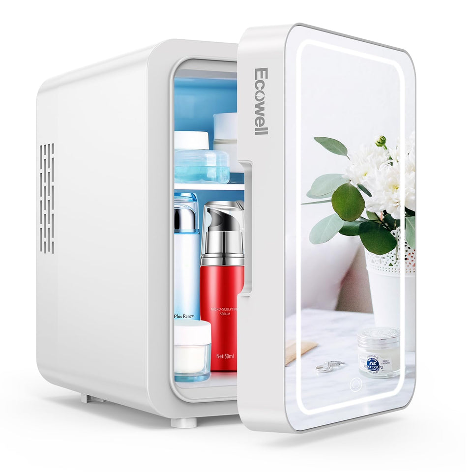 ECOWELL mini skincare fridge with LED mirror for suave makeup in dim lighting