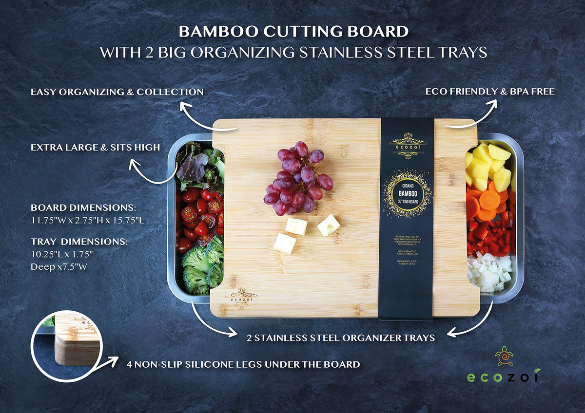 ecozoi bamboo cutting board knife friendly surface preserves blade edge during slicing.