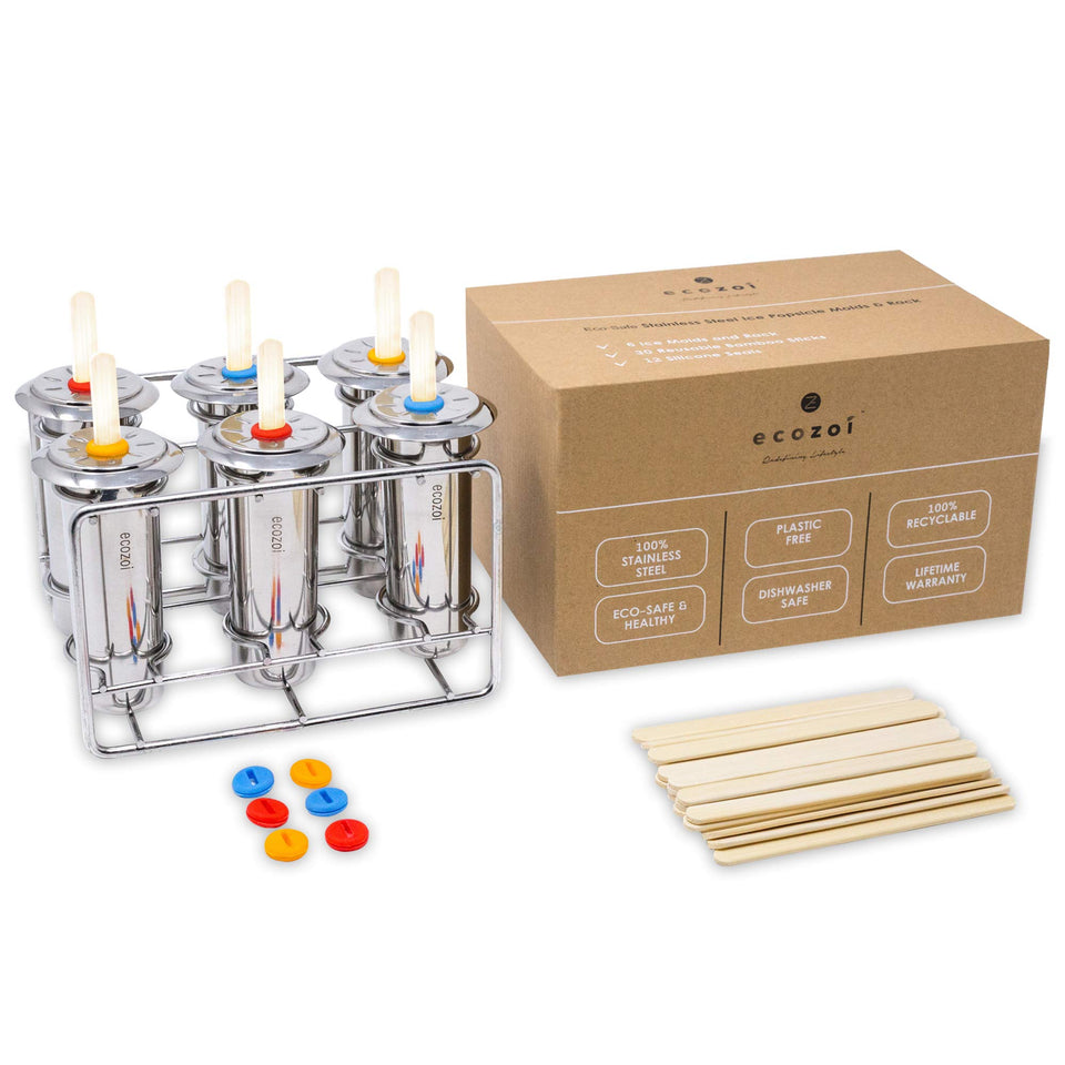 Ecozoi stainless steel popsicle molds in a kitchen, plastic-free design for healthier frozen treats.