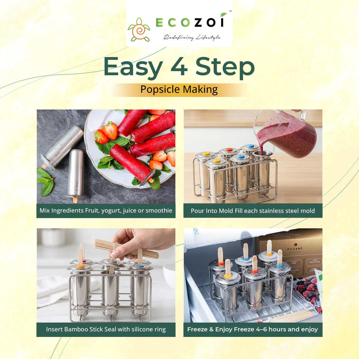 Ecozoi popsicle molds with bamboo sticks and silicone seals ready for use.