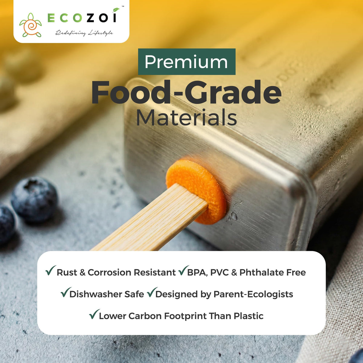 Ecozoi silicone seals provide secure lids for mess-free pops.