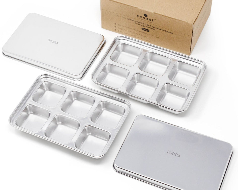 ecozoi stainless steel ice cube tray with 12 slots for generous drinks and easy release.