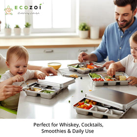ecozoi stainless steel ice tray with stackable lids for compact freezer storage.