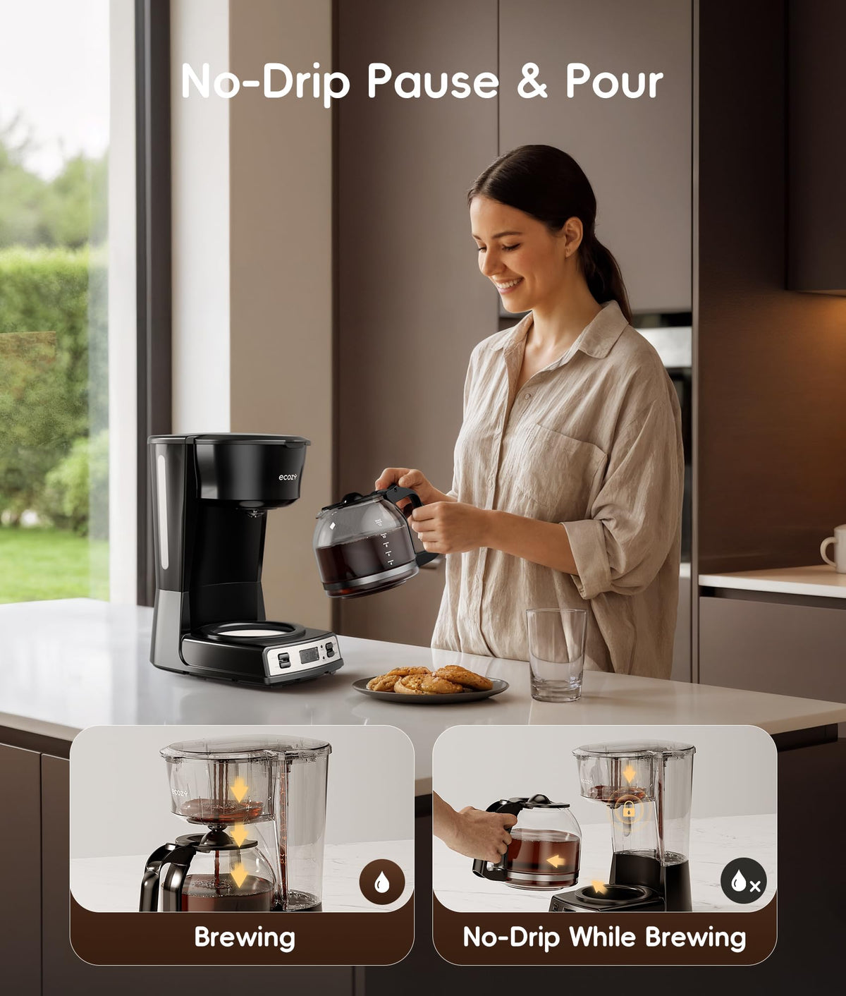 Ecozy 12-cup carafe stays warm on the hot plate after brewing.