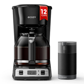 Ecozy 12-cup drip coffee maker shown with carafe for family mornings.