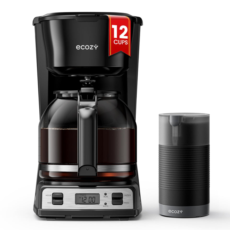 Ecozy 12-cup drip coffee maker shown with carafe for family mornings.