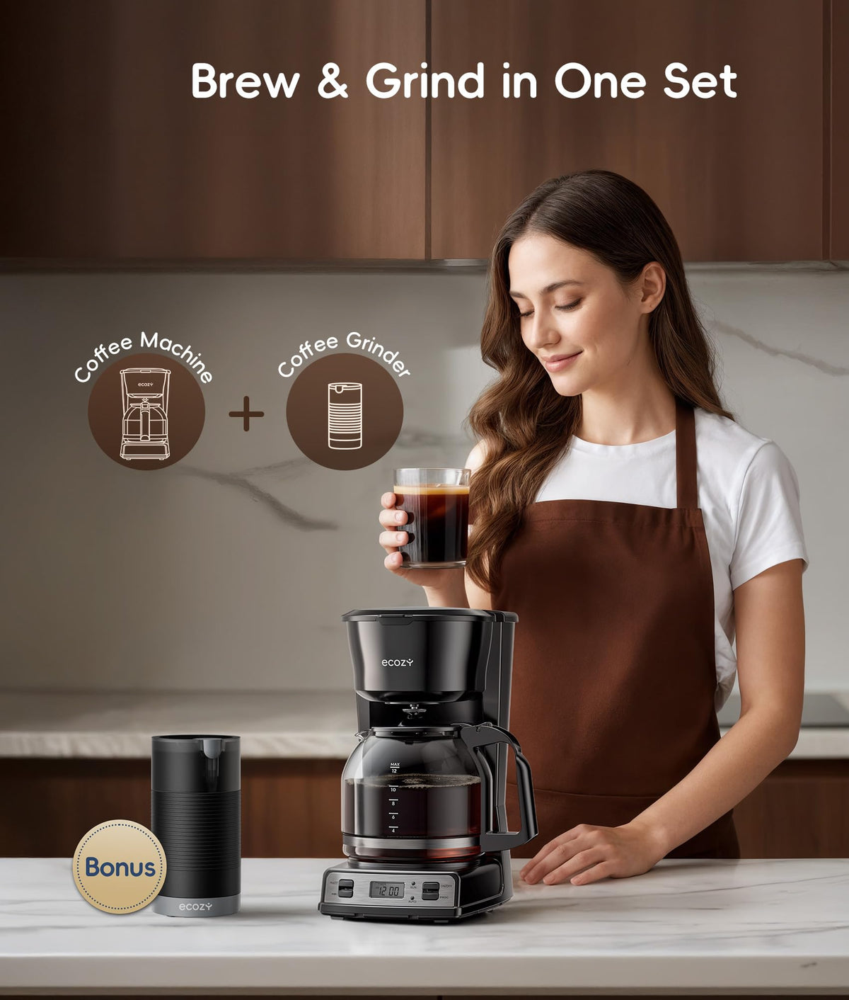 Ecozy electric grinder beside the brewer for fresh-ground flavor.
