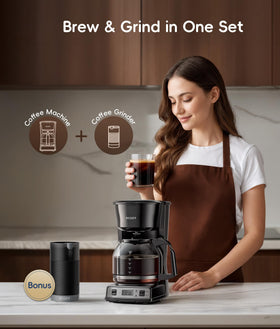 Ecozy electric grinder beside the brewer for fresh-ground flavor.
