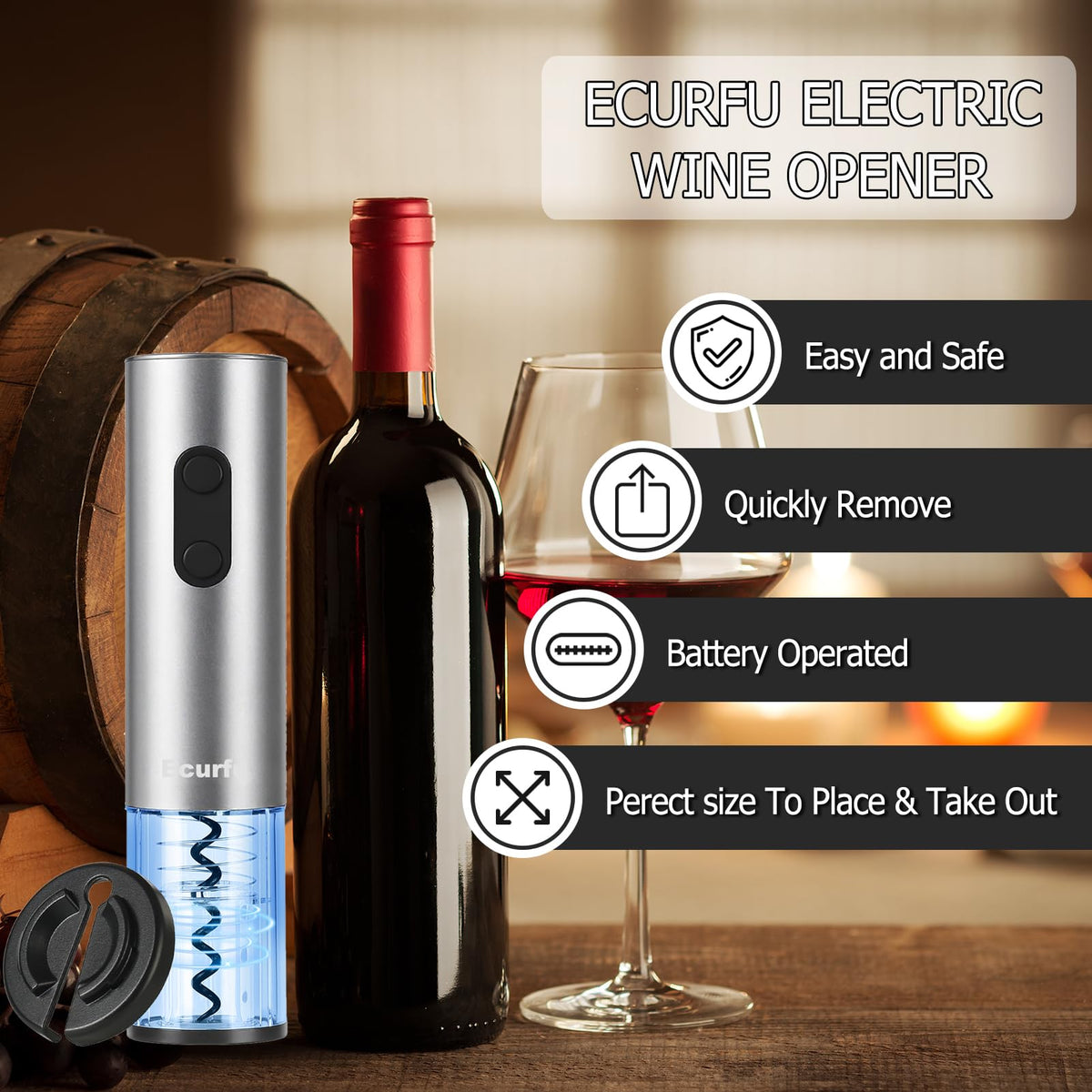 Accessible battery compartment on Ecurfu wine opener for easy swap