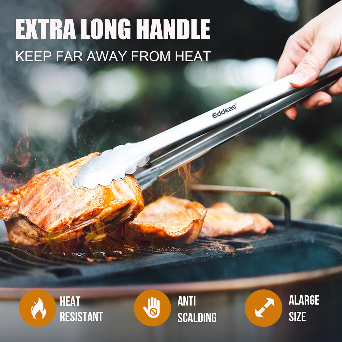 Eddeas 12-inch grill tongs for close reach and controlled serving.