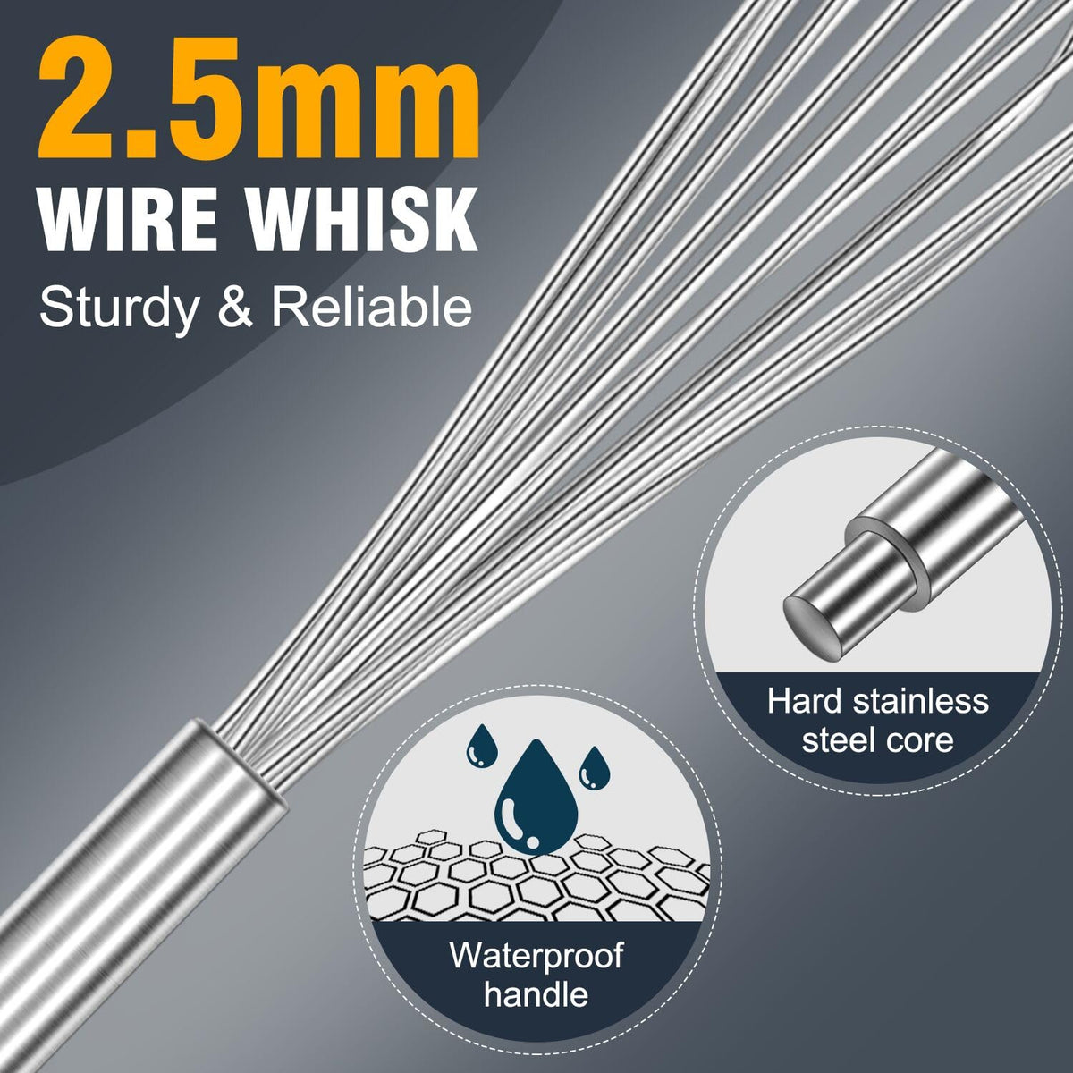 Eddeas heavy-duty stainless steel whisk showing sturdy wires and long reach