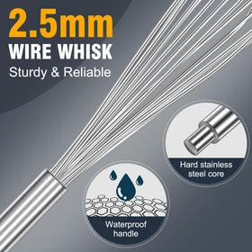 Eddeas heavy-duty stainless steel whisk showing sturdy wires and long reach