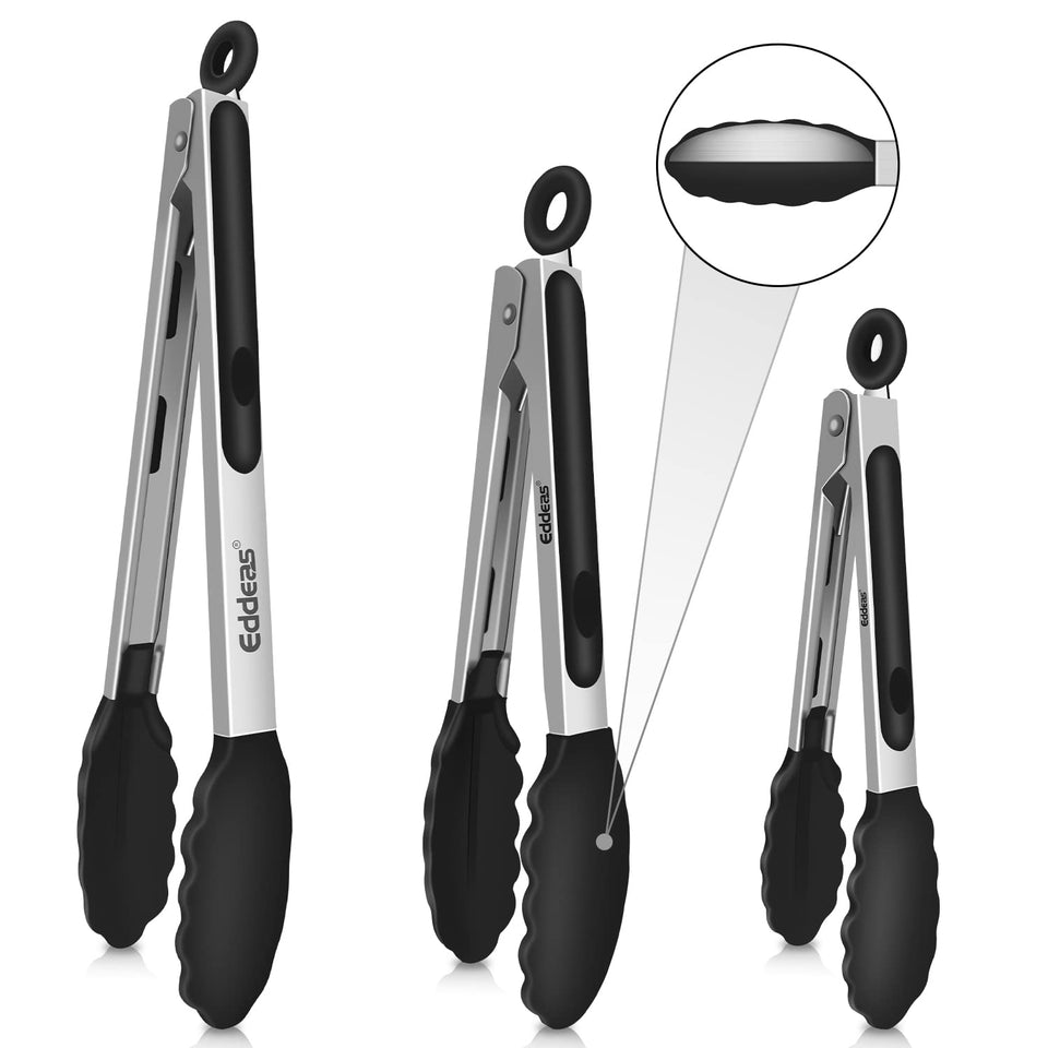 Eddeas kitchen tongs with silicone head protect nonstick cookware.