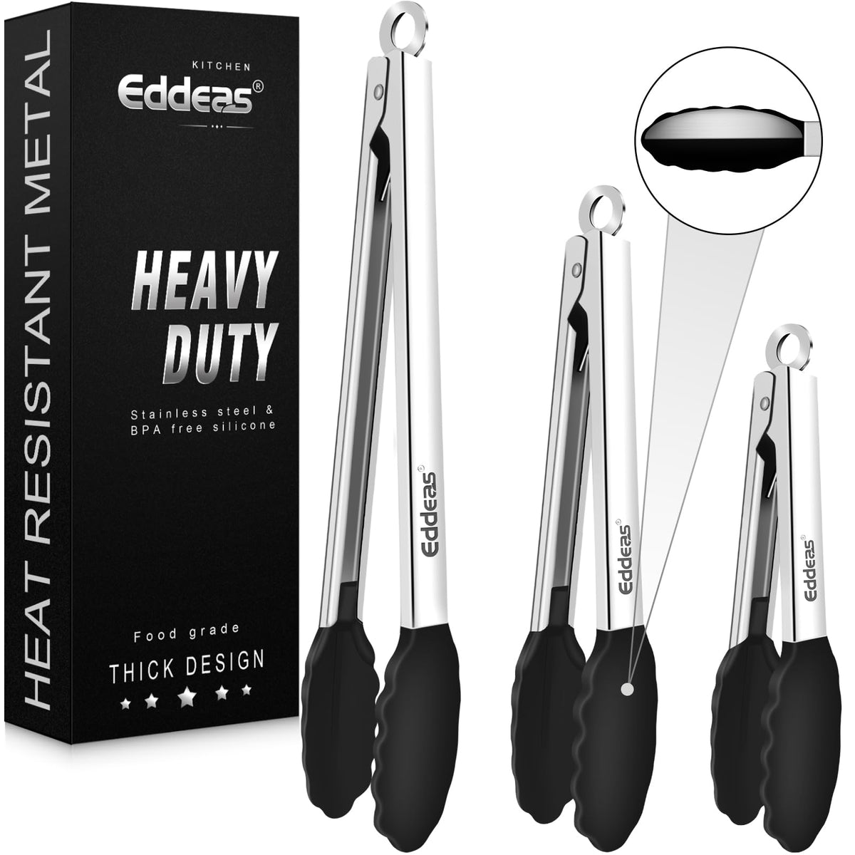 Eddeas kitchen tongs with silicone tip, 7-inch, gentle on nonstick cookware.