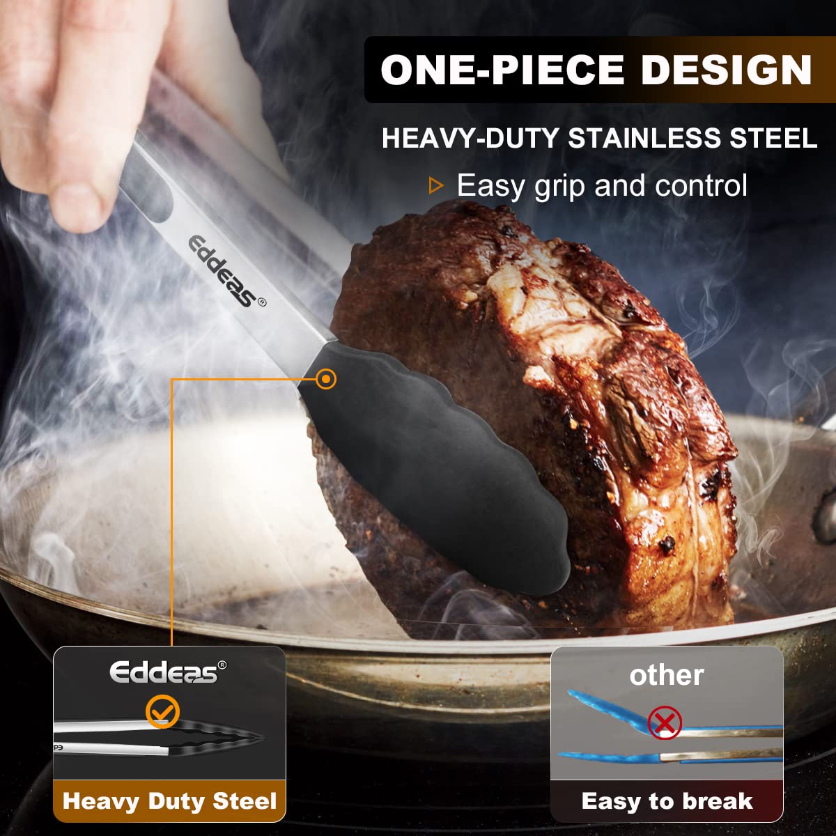 Eddeas tongs stainless steel handle for durable grip during cooking.