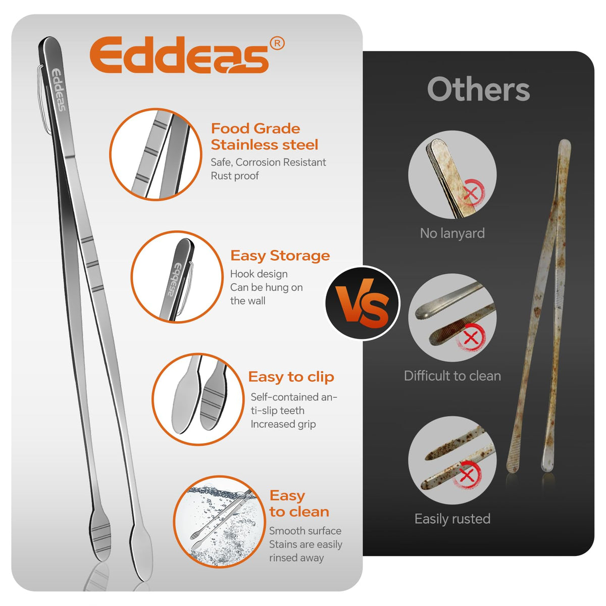 Eddeas 10-inch kitchen tweezers set for versatile cooking tasks.