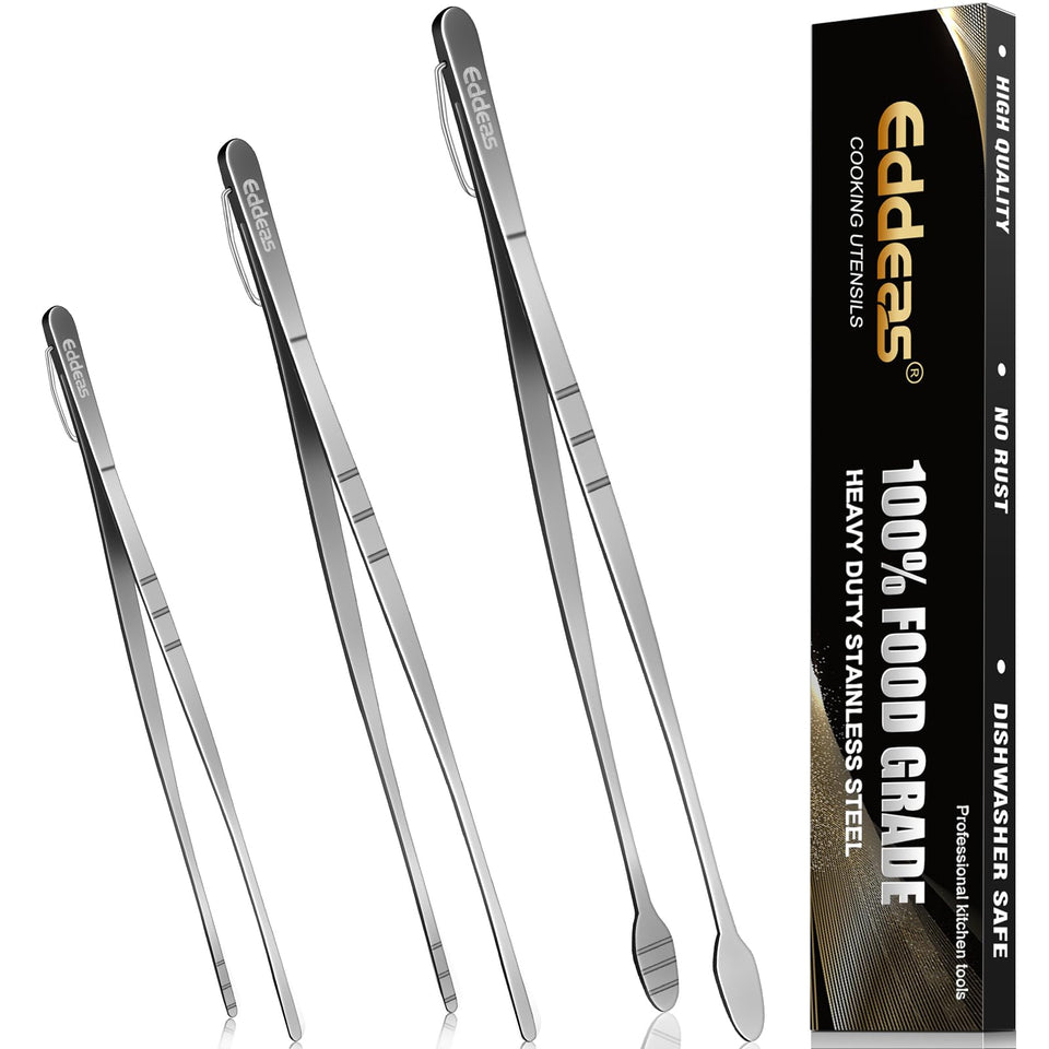Eddeas 12-inch kitchen tweezers set for precise plating and handling.