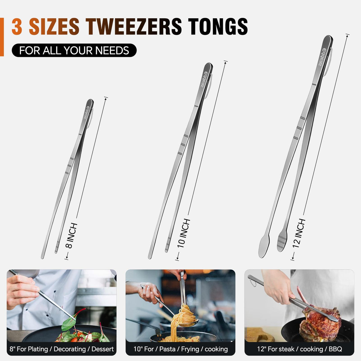 Eddeas tweezers aiding meat plating and small-item handling.