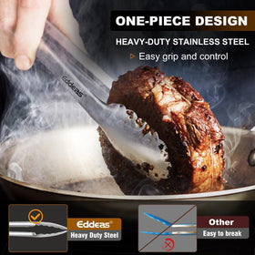 Eddeas 12-inch grilling tongs reach into pans and grills safely.