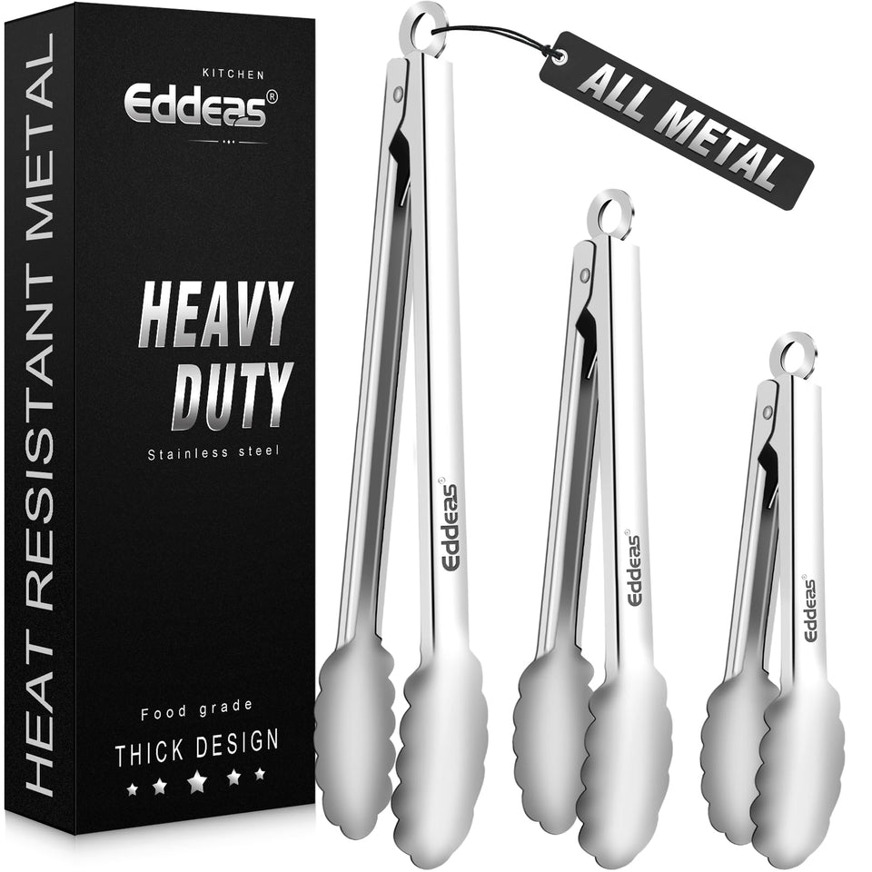 Eddeas 7-inch tongs with locking mechanism for precise grilling and flipping.