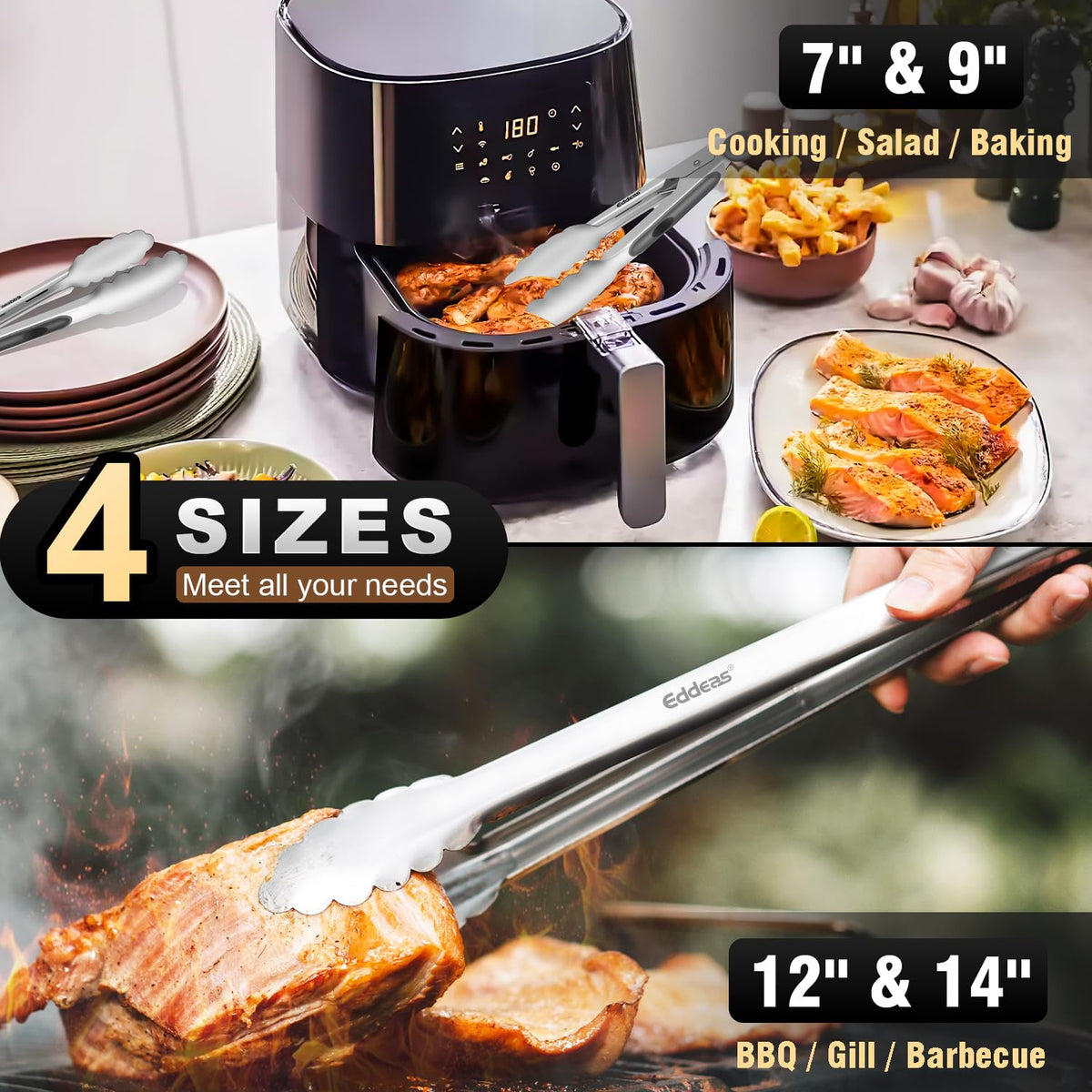 Eddeas 9-inch cooking tongs ideal for turning and flipping proteins with control.