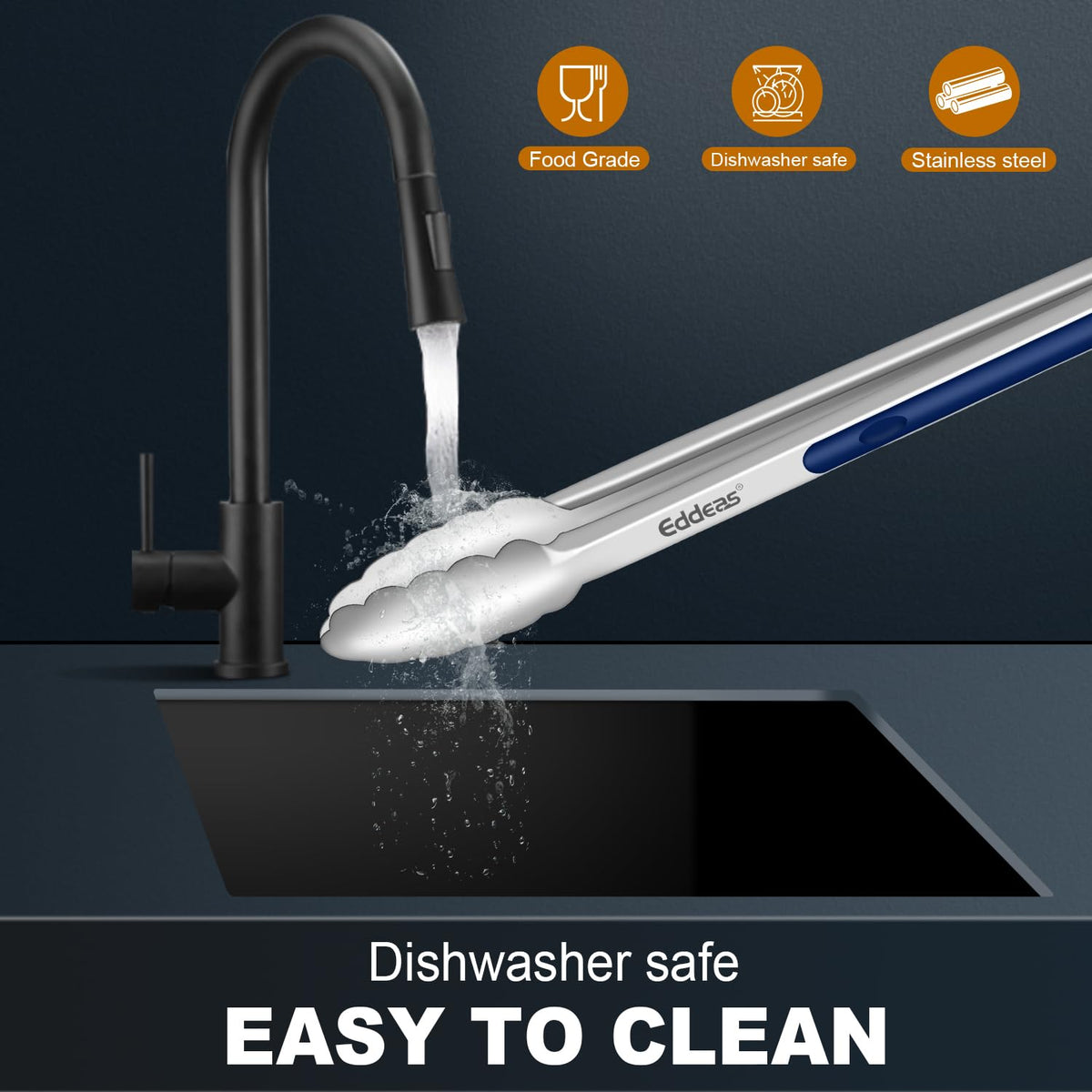 Eddeas dishwasher-safe blue tongs, easy cleanup after meals.