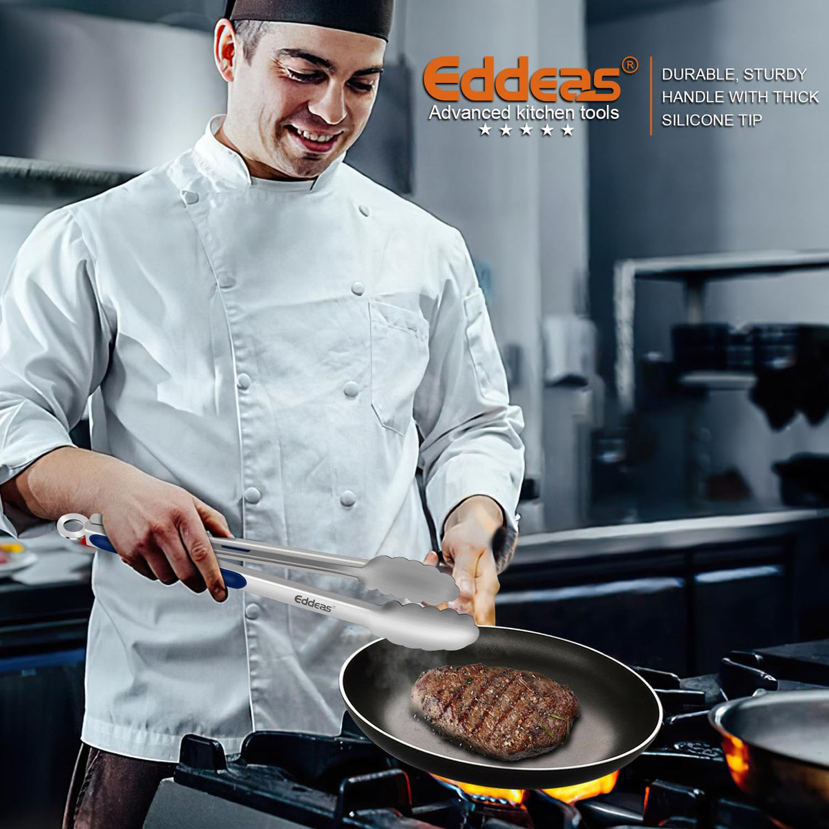Eddeas heat-resistant tongs blue, withstands high temperatures up to 600 degrees.