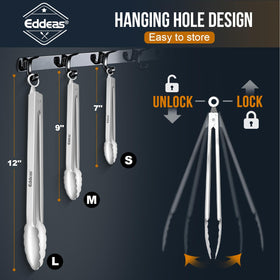 Eddeas tongs handling meat and burger toppings safely and cleanly.