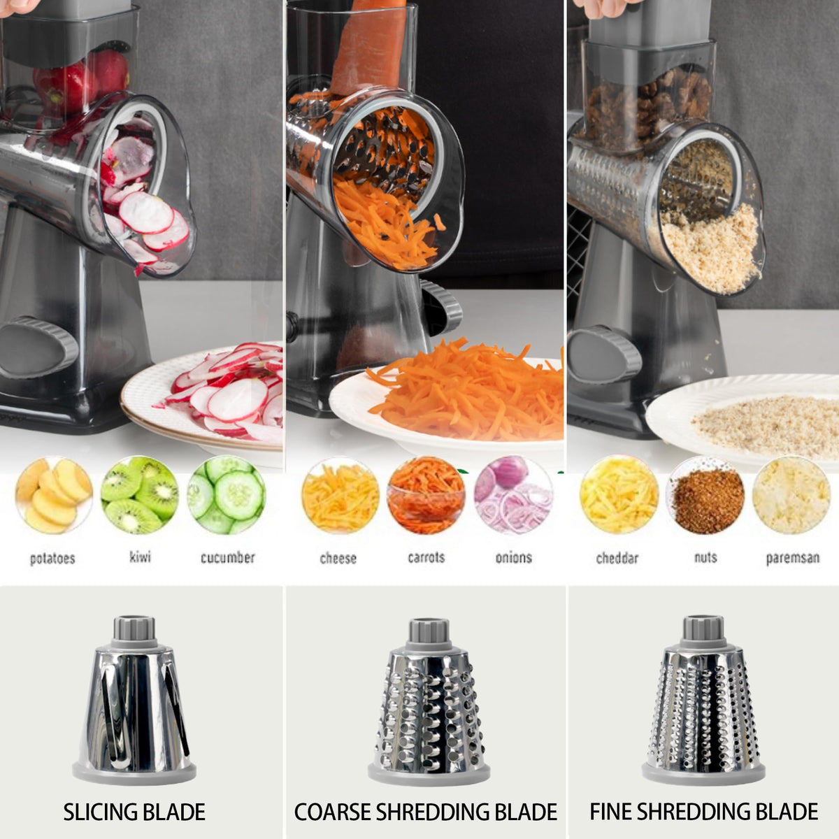 EDEFISY 3 in 1 blades showing multiple shredding options for versatile prep