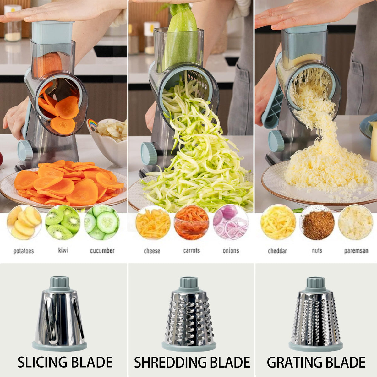 EDEFISY 3-in-1 blades swapped for slicing, shredding, and fine grating.
