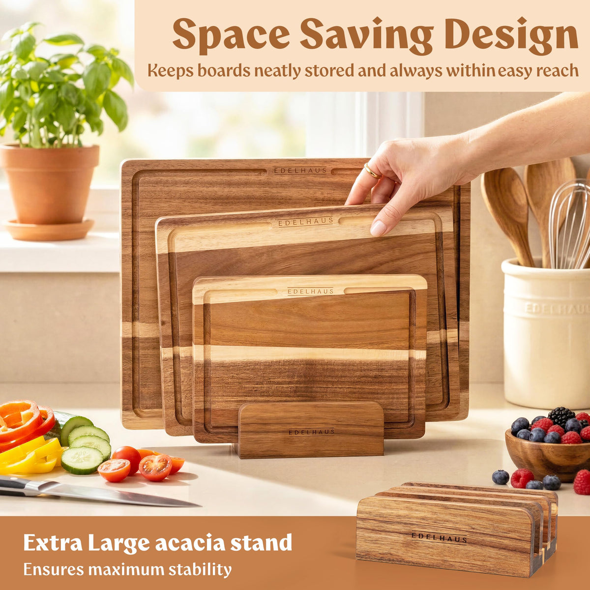 EDELHAUS acacia cutting board set with storage stand keeps boards dry and accessible.
