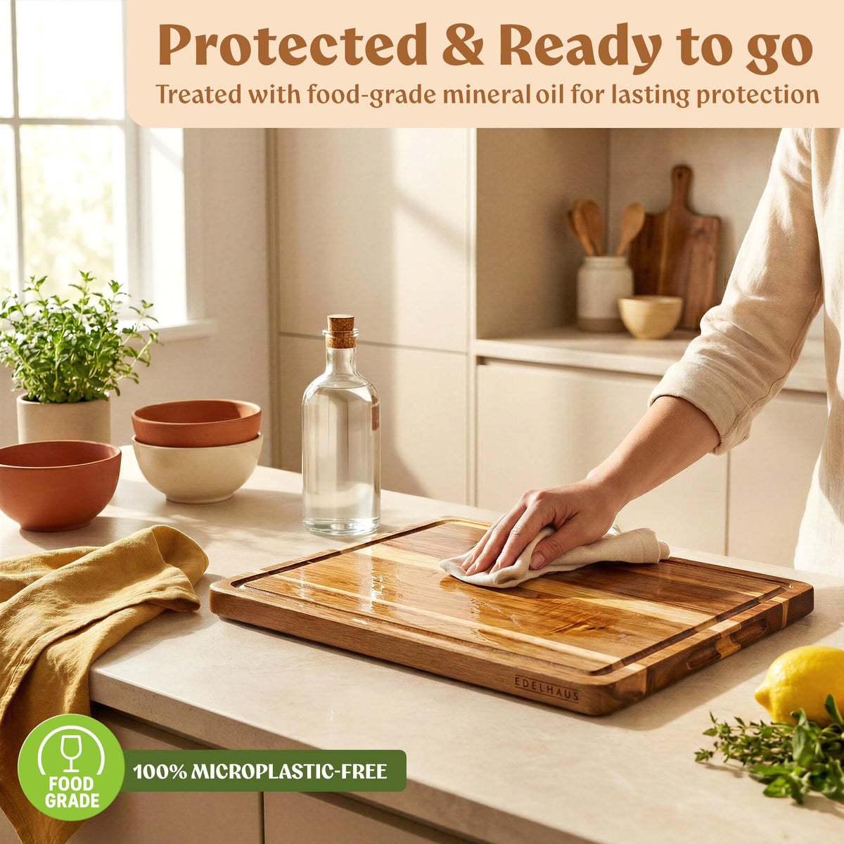 Serving tray display with natural wood tones for tabletop