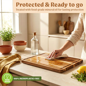 Serving tray display with natural wood tones for tabletop