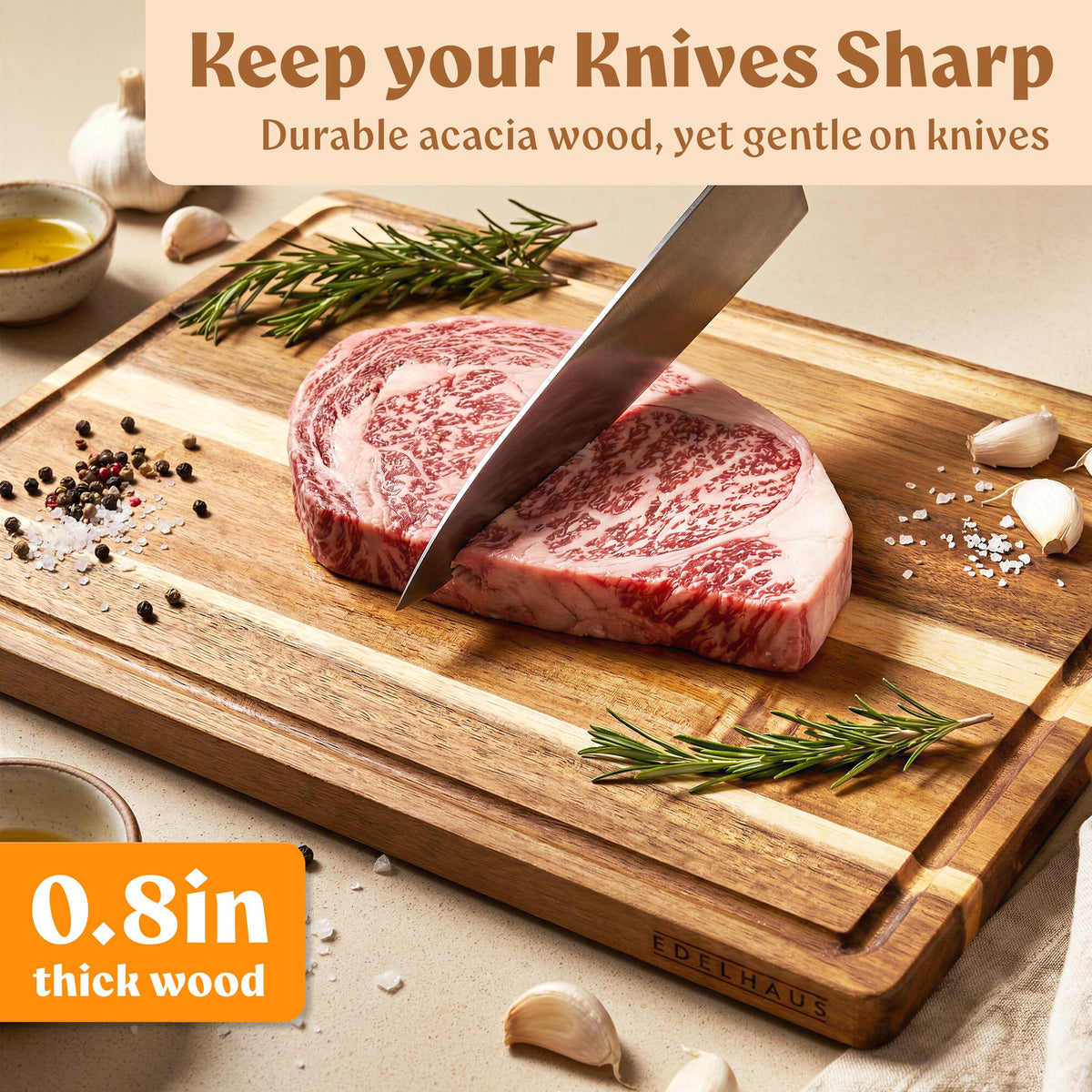 Double sided design supports chopping and serving with elegance
