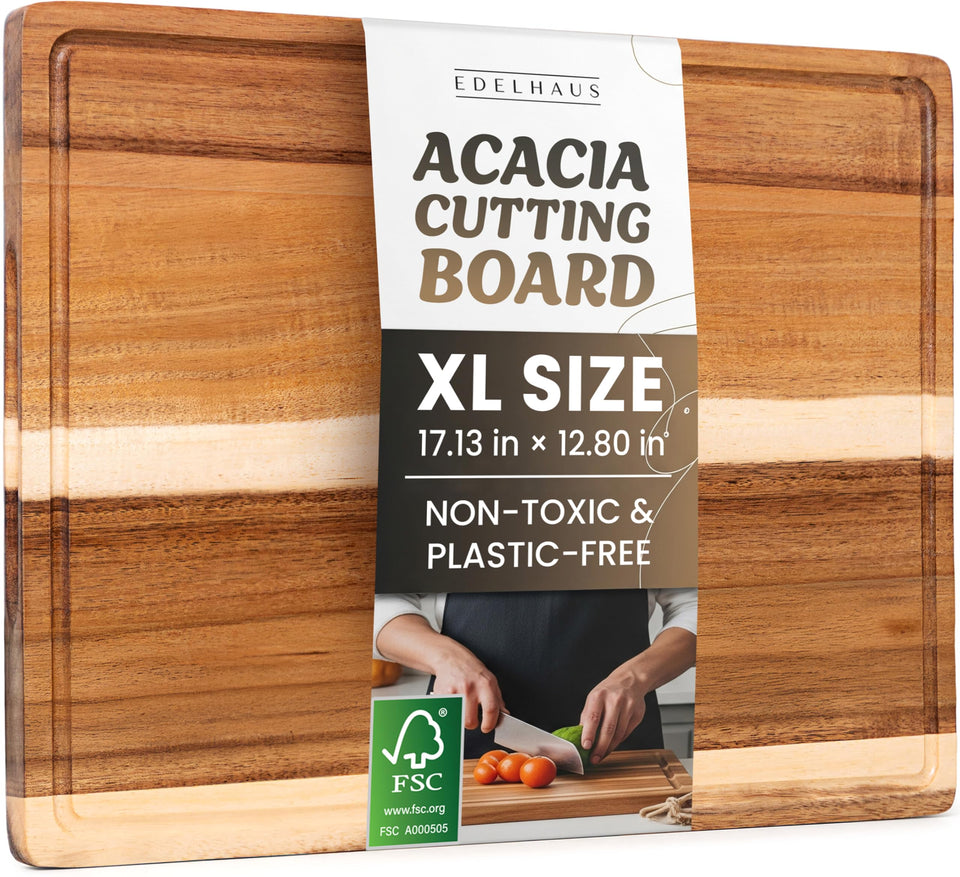 EDELHAUS Acacia XL cutting board front view shows sturdy construction and warm grain