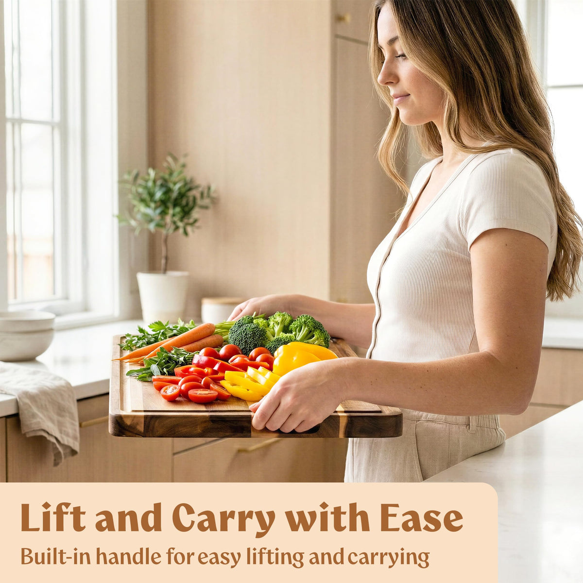 Visible wood grain and durable construction under daily kitchen use