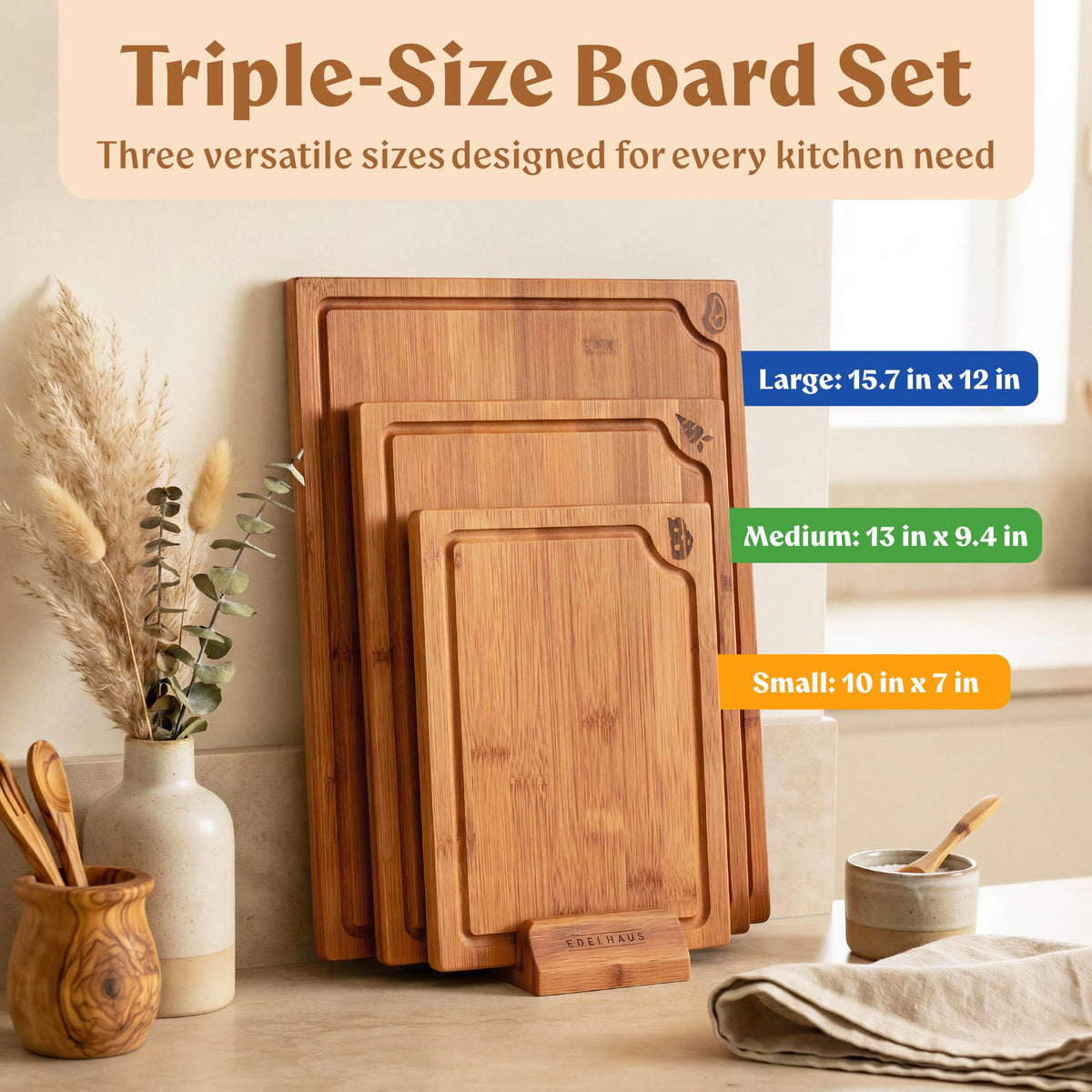 EDELHAUS bamboo cutting board with juice groove for mess-free prep.