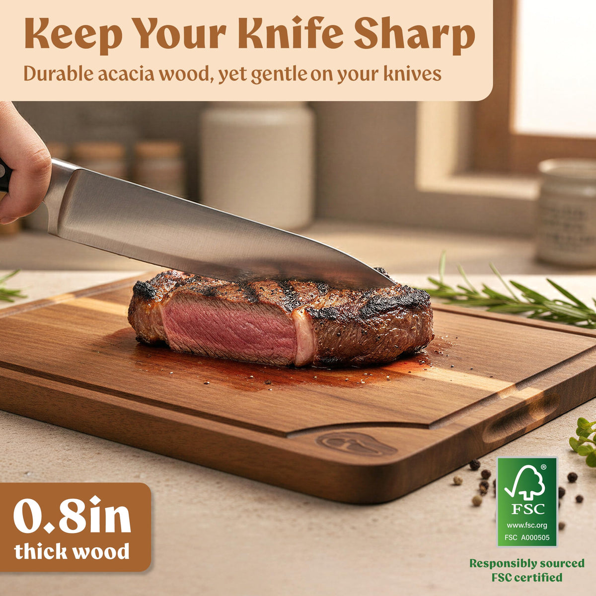 Non-slip feet stabilize EDELHAUS cutting boards during slicing