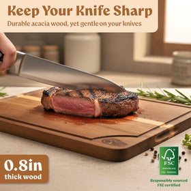 Non-slip feet stabilize EDELHAUS cutting boards during slicing