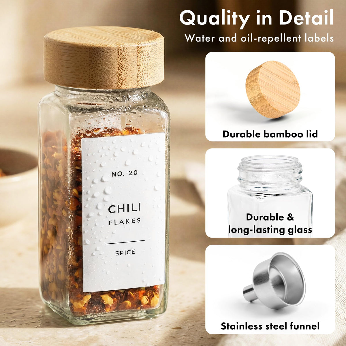 Edelhaus glass spice containers showcased for kitchen organization