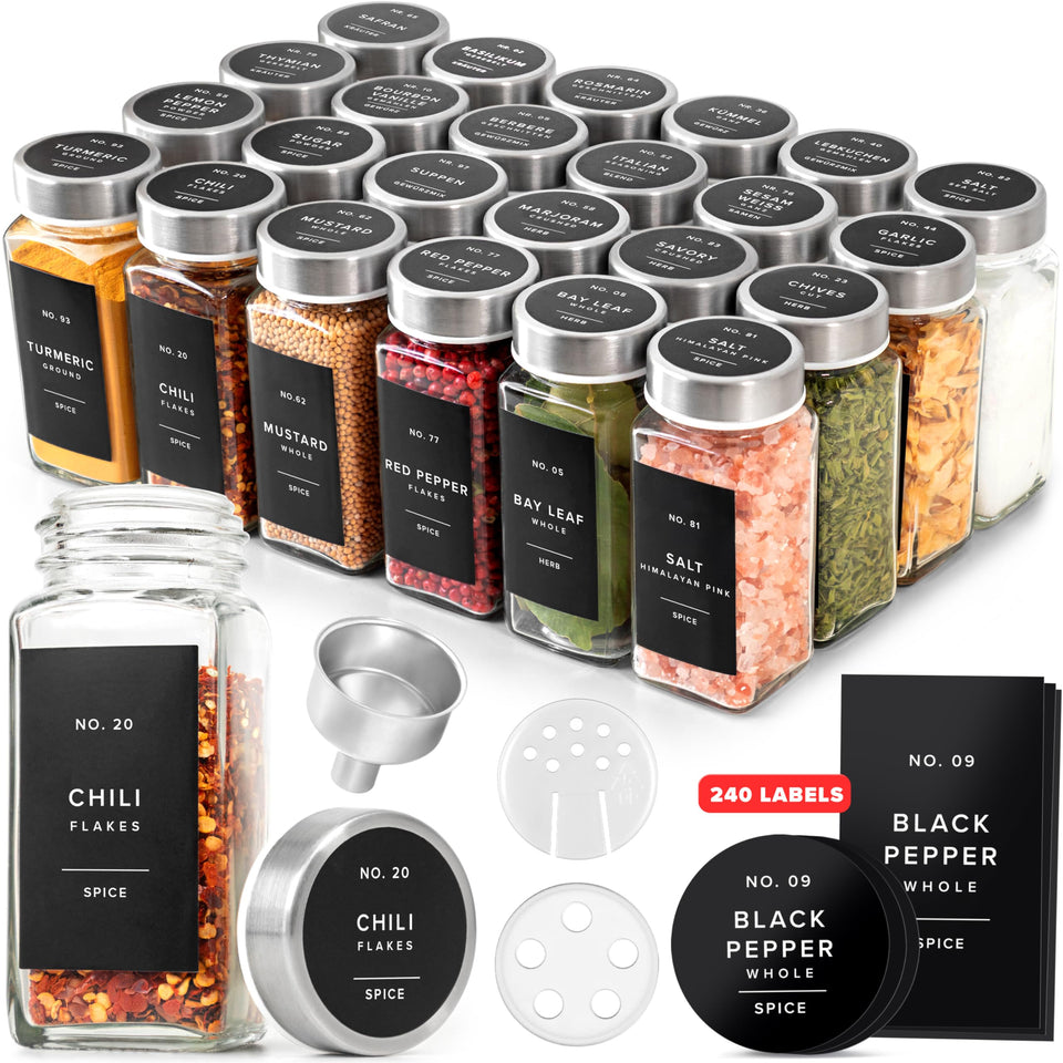 EDELHAUS glass spice jars 24-pack for tidy pantry storage and easy access
