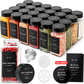 EDELHAUS glass spice jars with black lids for neat, stackable storage.