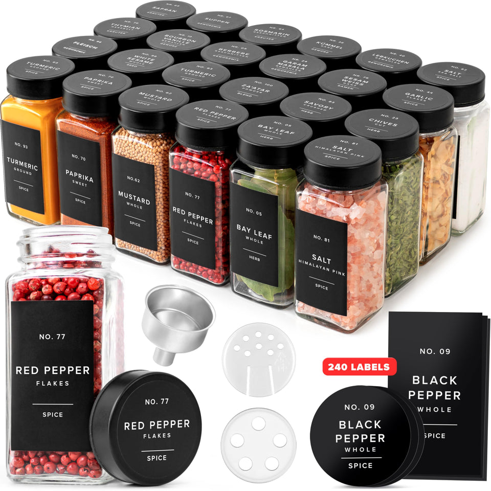 EDELHAUS glass spice jars with black lids for neat, stackable storage.