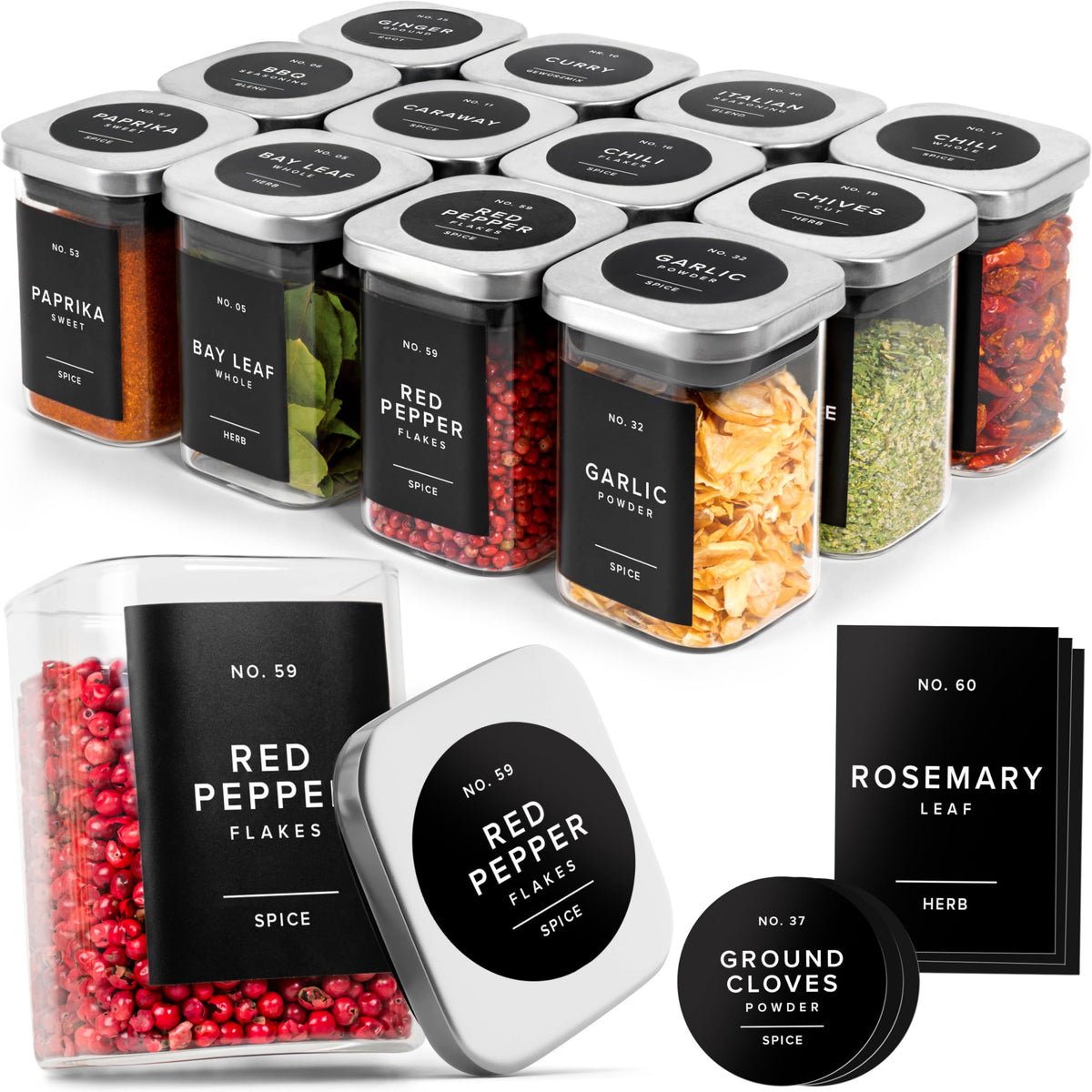 EDELHAUS glass spice jars with labels and steel lids for organized storage