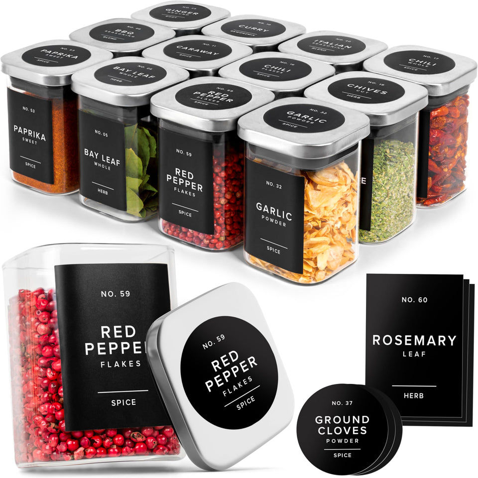EDELHAUS glass spice jars with labels and steel lids for organized storage