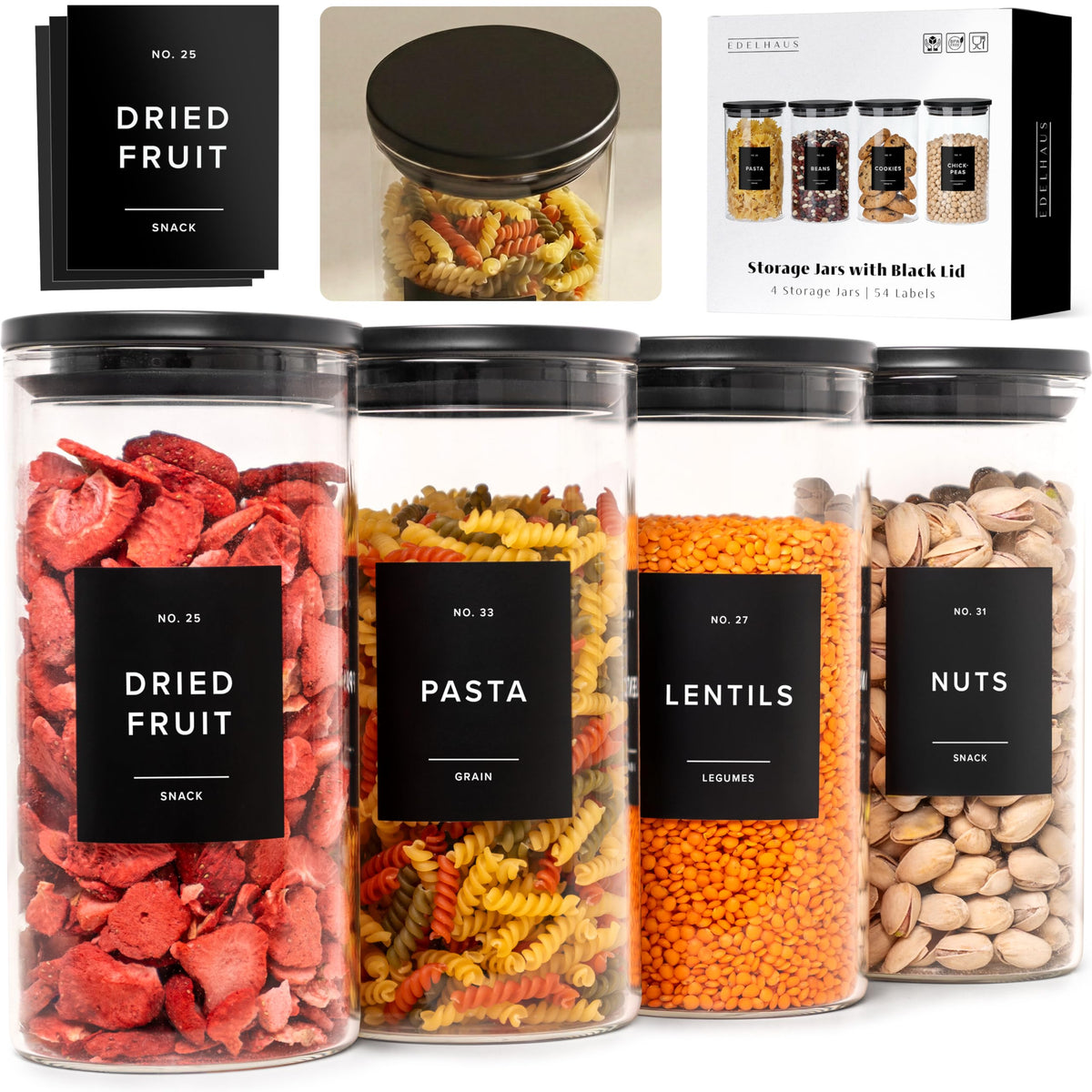 EDELHAUS glass storage containers with round shape and clear glass for organized pantry display