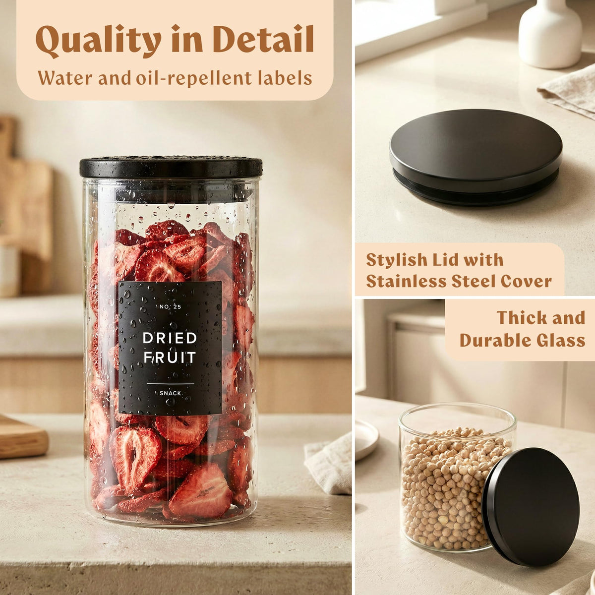 EDELHAUS kitchen organization with glass jars and labels for clarity